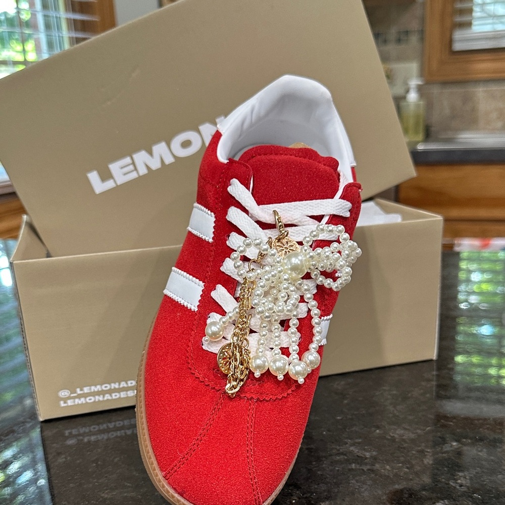 Lemonade Red Women's Sneakers with Pearl and Gold Charms
